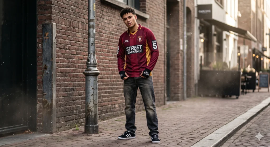 man wearing a football jersey full sleeve styled with straight-leg denim jeans and retro low-top sneakers on an urban street