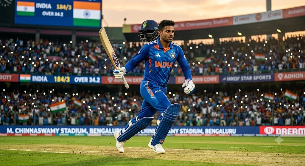 M. Chinnaswamy Stadium, Bengaluru ke beech pitch par chalte hue ek bhartiya khiladi ke cricket jersey for men ki close-up photo. Jersey par 'INDIA', jersey number '18' aur Adidas ka logo saaf dikhai de raha hai. Background mein bhari hui audience, LED boundary banners aur stadium ki lights sunset ke waqt chamak rahi hain, aur scoreboard par 'INDIA 184/3 OVER 34.2' likha hai.