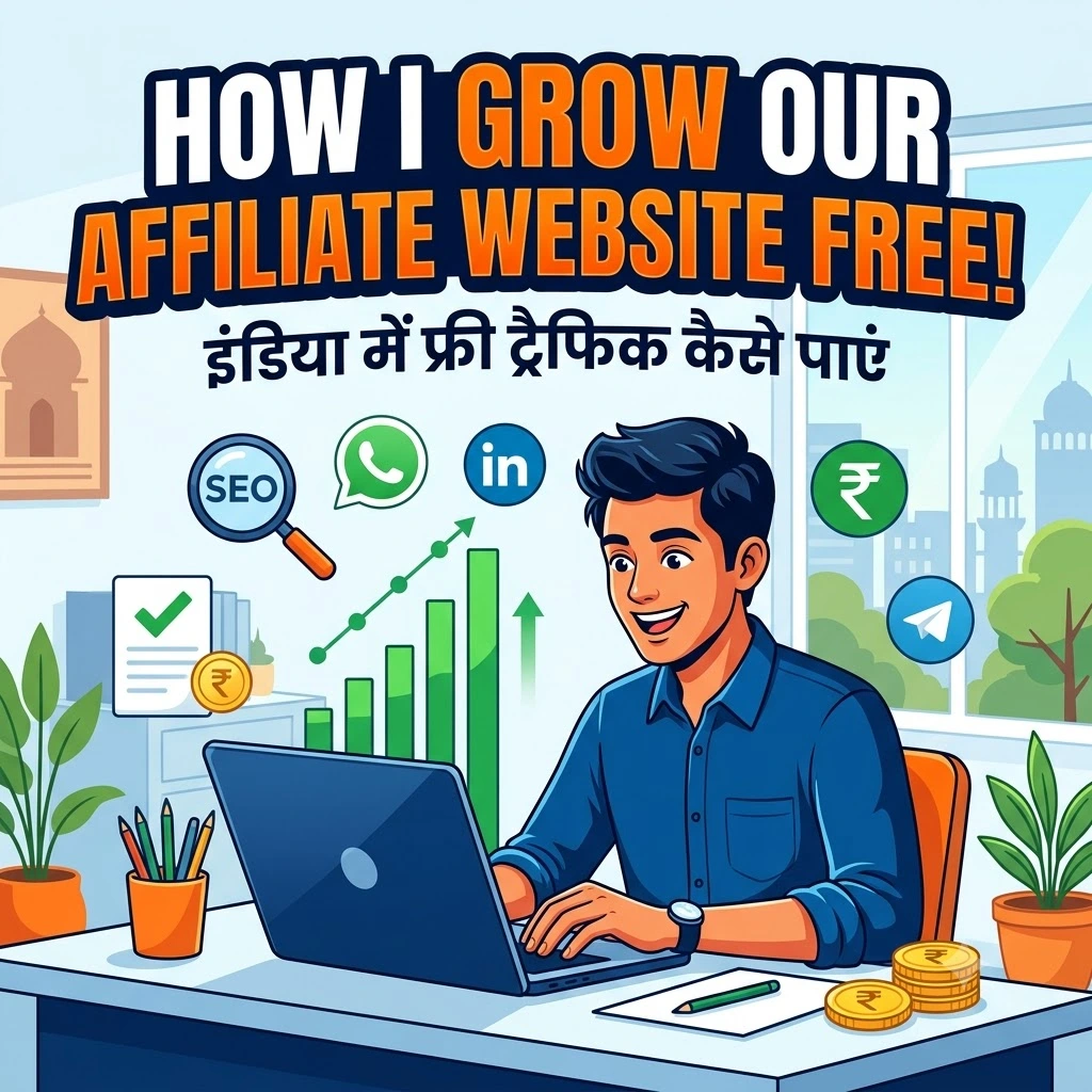 A vibrant illustration showing how I grow our affiliate website free in India, featuring an Indian marketer tracking SEO growth, social media icons, and Rupee symbols on a laptop screen.